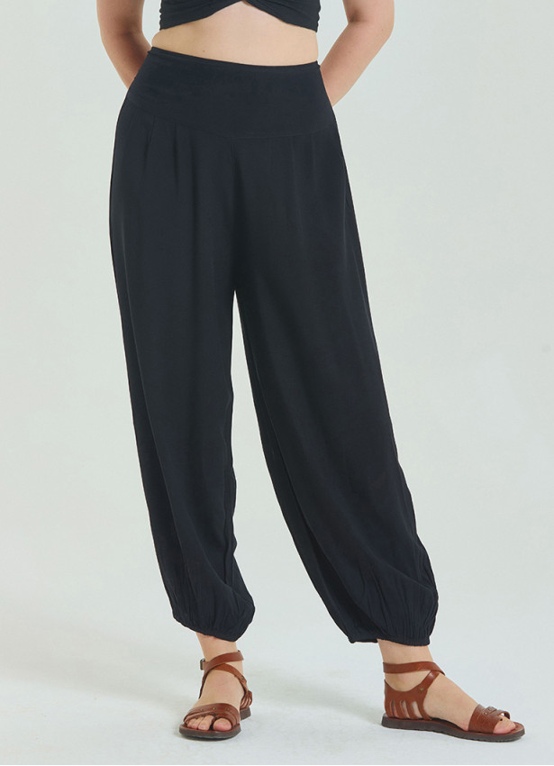 Elastic Waist Relaxed Cut Black Plus Size Trousers 4627